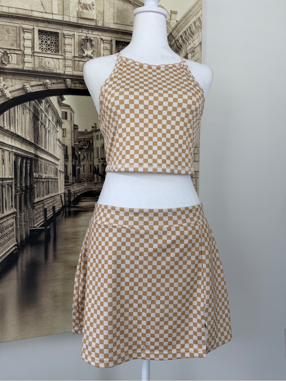 Like New Checkerboard Halter Crop Top & Skirt Set - Beige - Picture 7 of 16